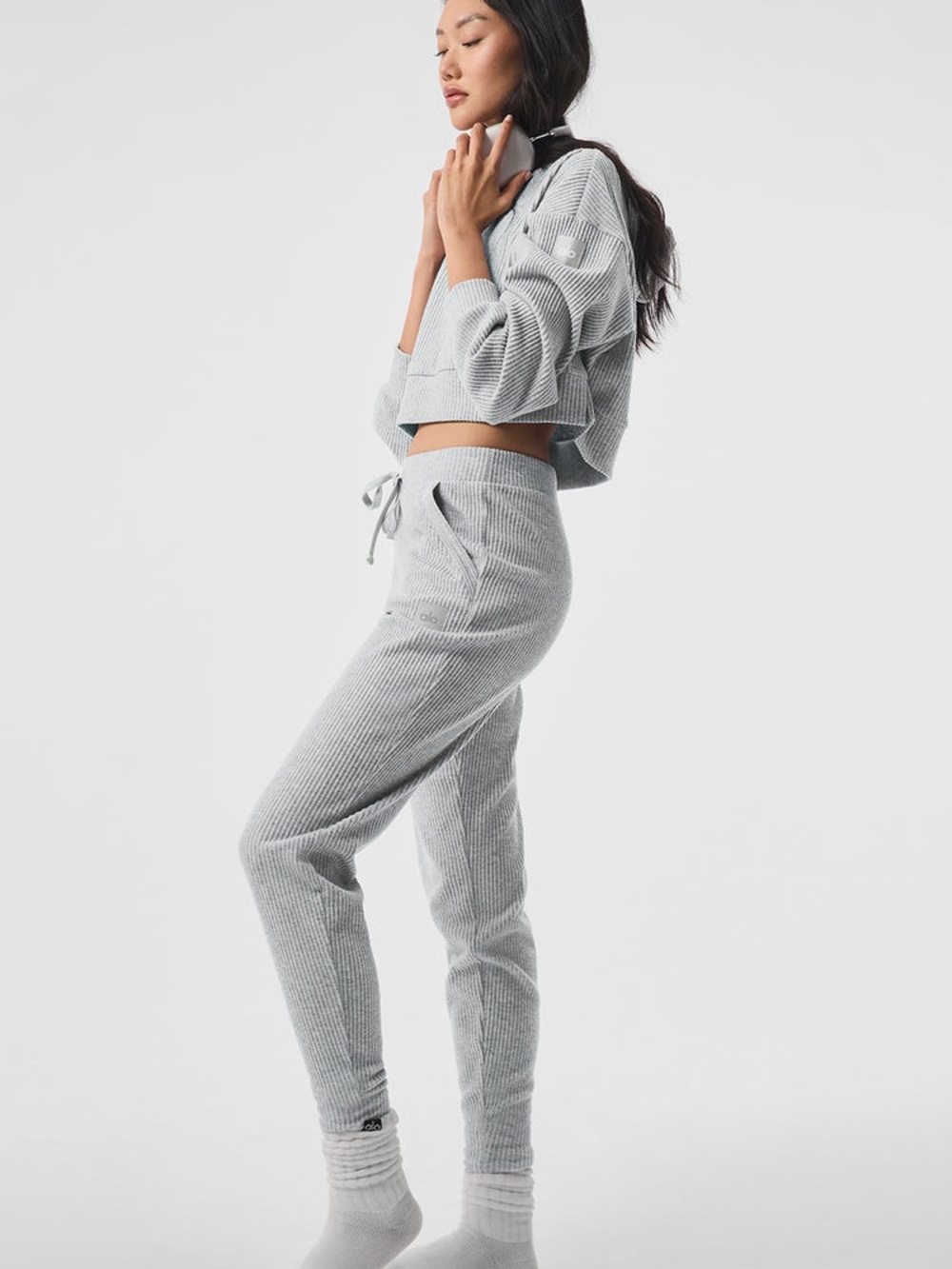 ALO Yoga Ribbed Cropped Hoodie & Jogger Set - Light Gray